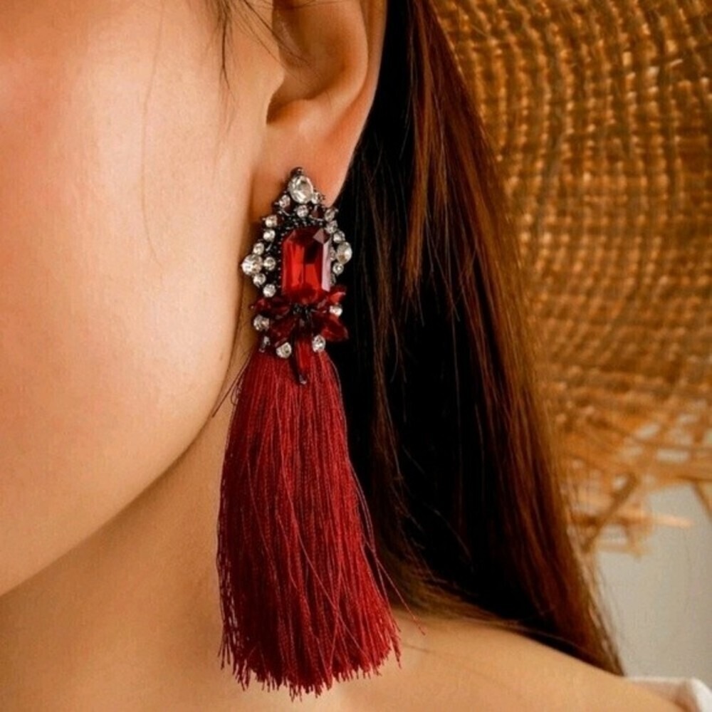 Silver Red Tassel Statement Earrings chandelier rhinestone Gala event prom 💖